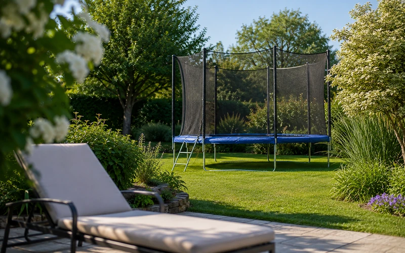 Gartentrampolin mit Sicherheitsnetz und Sitzplatz in der Nähe