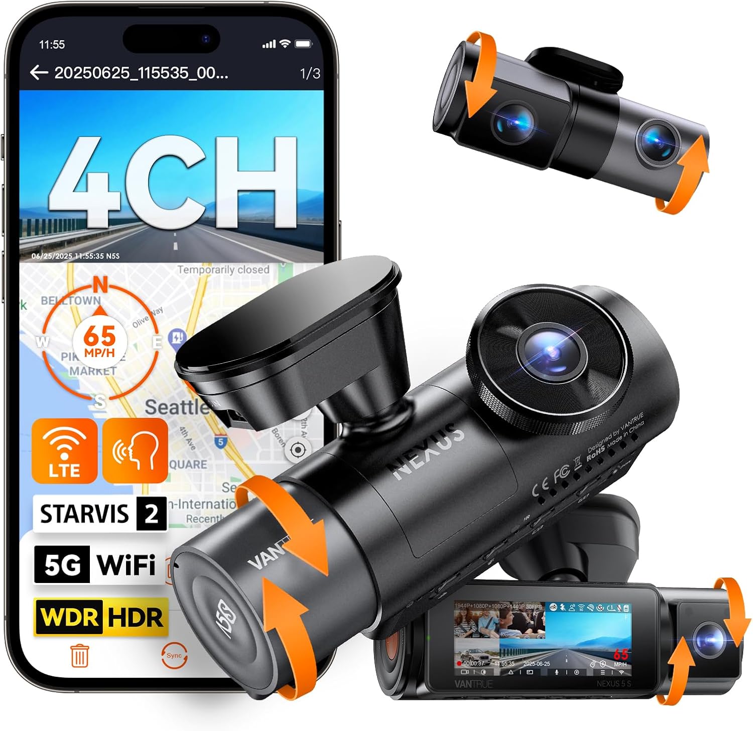 VANTRUE N5S 4-Kanal-Dashcam mit Front-, Innenraum- und Heckkamera