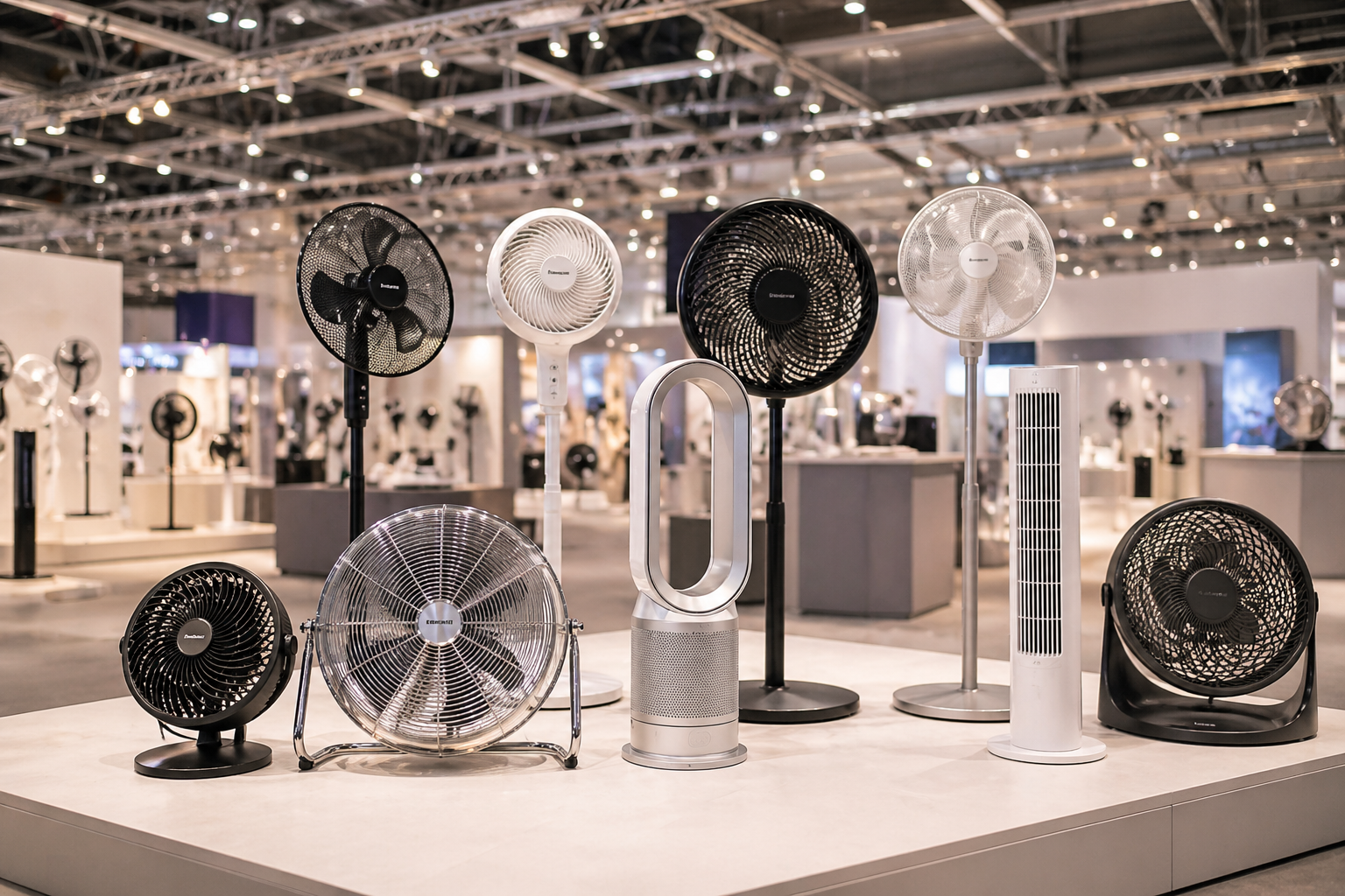 Verschiedene Ventilatoren 2026 auf Technik Ausstellung moderne Stand und Turmventilatoren