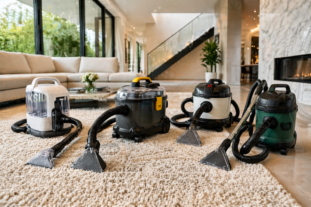 Dieses Einleitungsbild zeigt verschiedene Waschsauger bei der Teppichreinigung in einer modernen Villa. Die Geräte eignen sich ideal für die Reinigung von Teppichen, Polstern und Auto-Innenräumen und stehen für eine gründliche und effektive Reinigung im Alltag. Perfekt als visuelle Einführung in den Waschsauger Vergleich 2026.