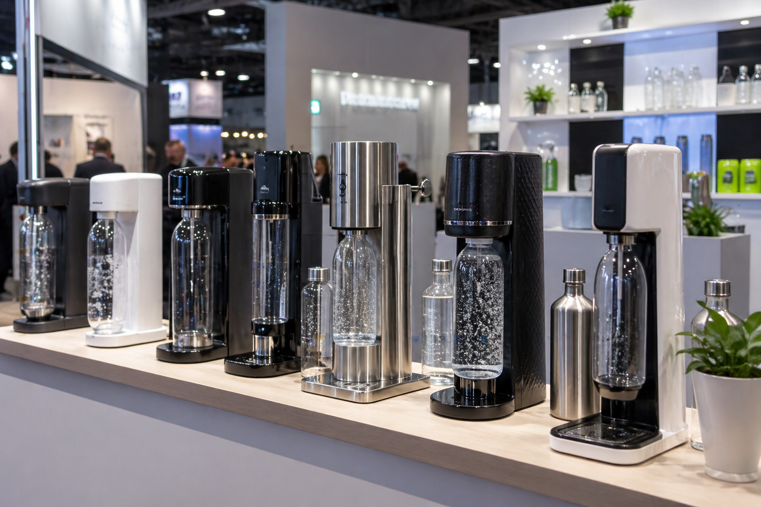 verschiedene Wassersprudler auf einer großen Ausstellung Messe Vergleich 2026