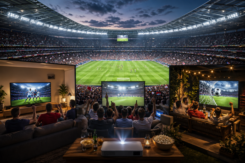 WM 2026 Heimkino Setup mit Beamer, Fernseher und Soundsystem vor großem Stadion