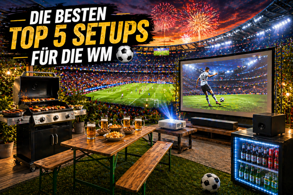 WM 2026 Setup mit Beamer, Gasgrill, Soundsystem und Getränkekühlschrank im Garten
