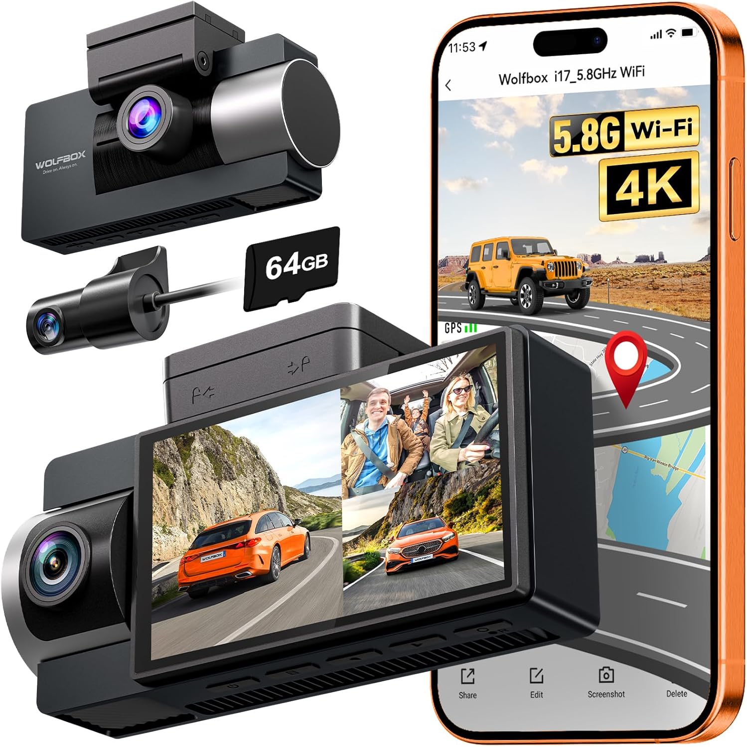 WOLFBOX i17 3-Kanal-Dashcam mit Front-, Innenraum- und Heckkamera