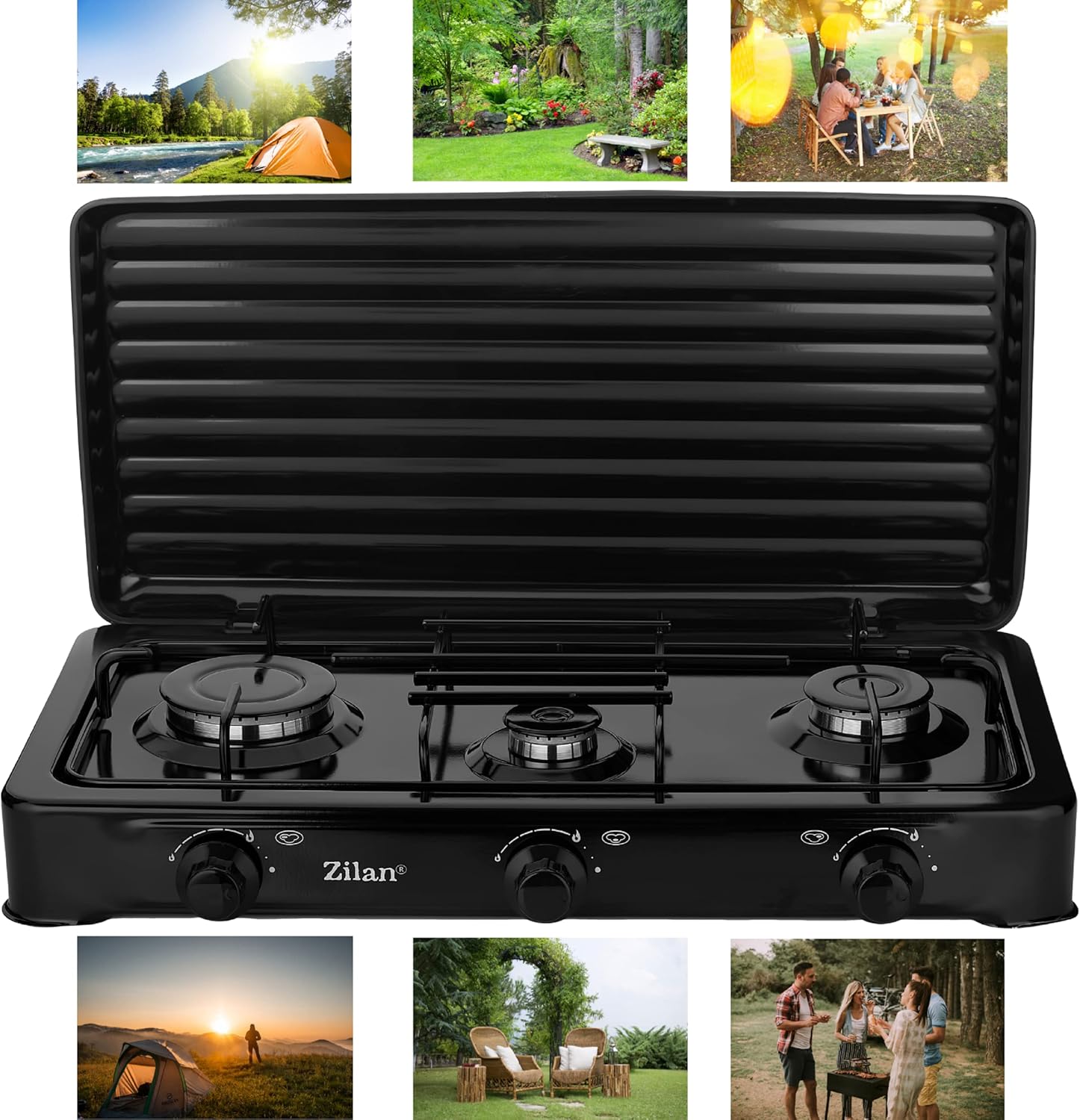 3-flammiger Campingkocher mit abnehmbarem Deckel für Outdoor und Camping