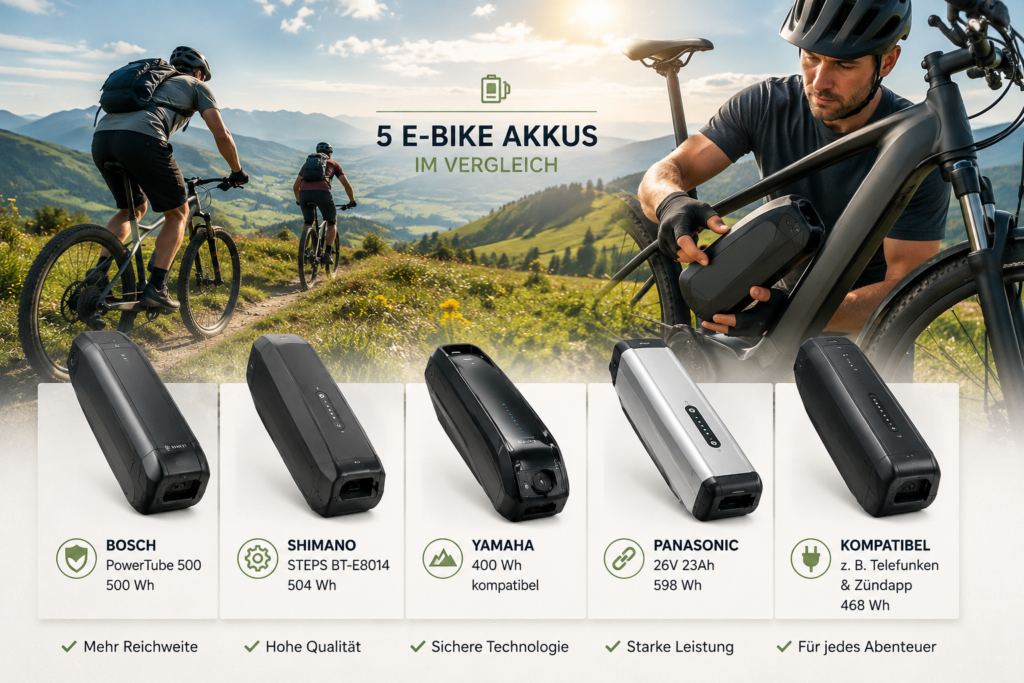 Fünf E-Bike Akkus im Vergleich mit E-Bikern auf einer hügeligen Tour und Akkuwechsel unterwegs