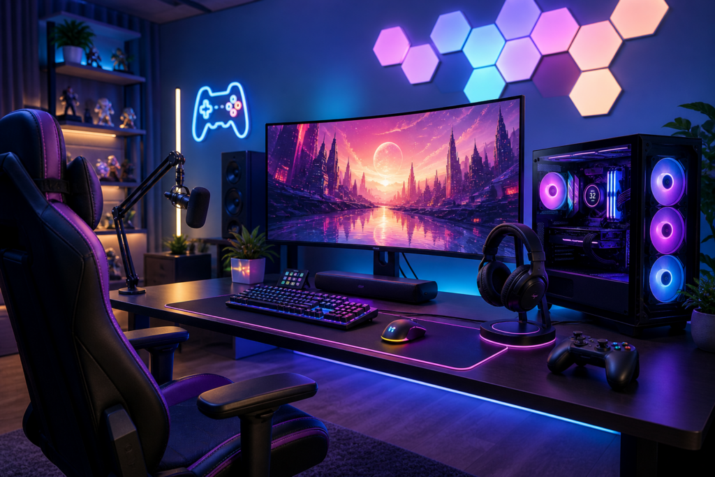 Modernes Gaming Setup mit RGB Beleuchtung, Monitor, Maus und Tastatur auf einem aufgeräumten Schreibtisch