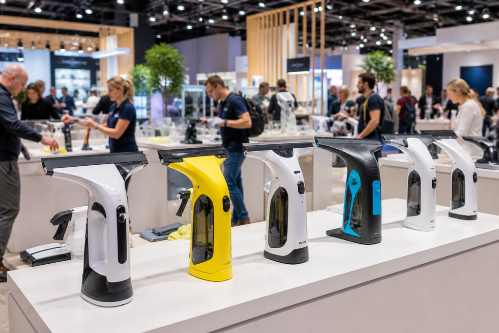 Akku Fenstersauger auf Messe Ausstellung mit Besuchern im Hintergrund beim Testen verschiedener Modelle
