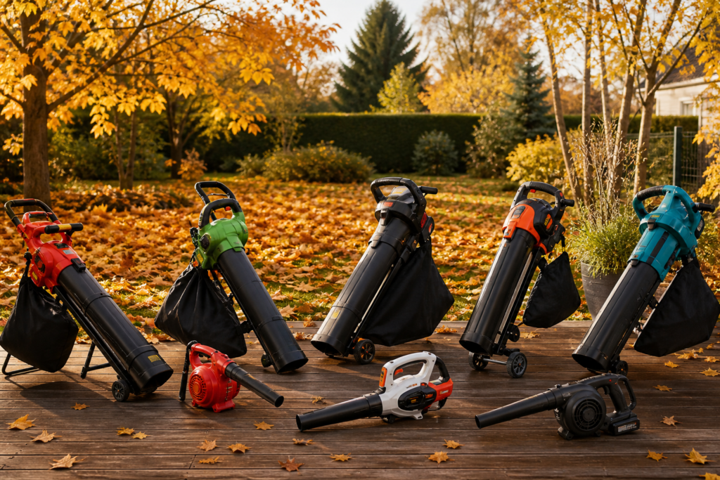 Verschiedene Akku Laubsauger in einer Garten Ausstellung im Herbst mit viel Laub im Hintergrund