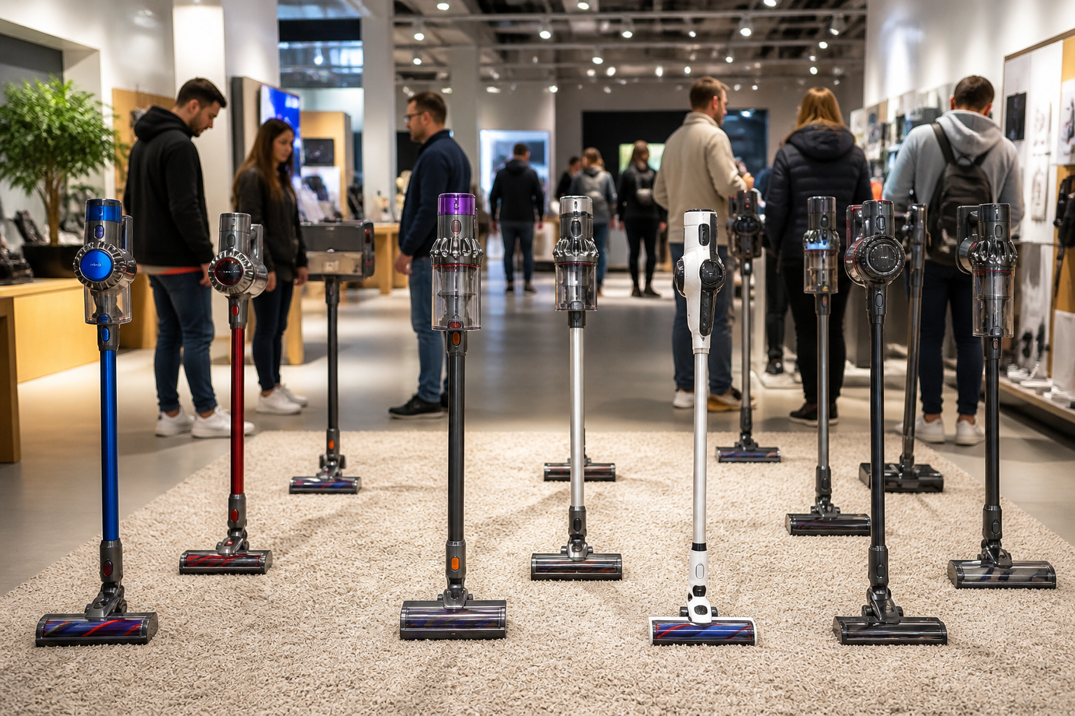 Verschiedene Akku Staubsauger in einer Ausstellungs Halle auf Teppich mit Besuchern im Hintergrund