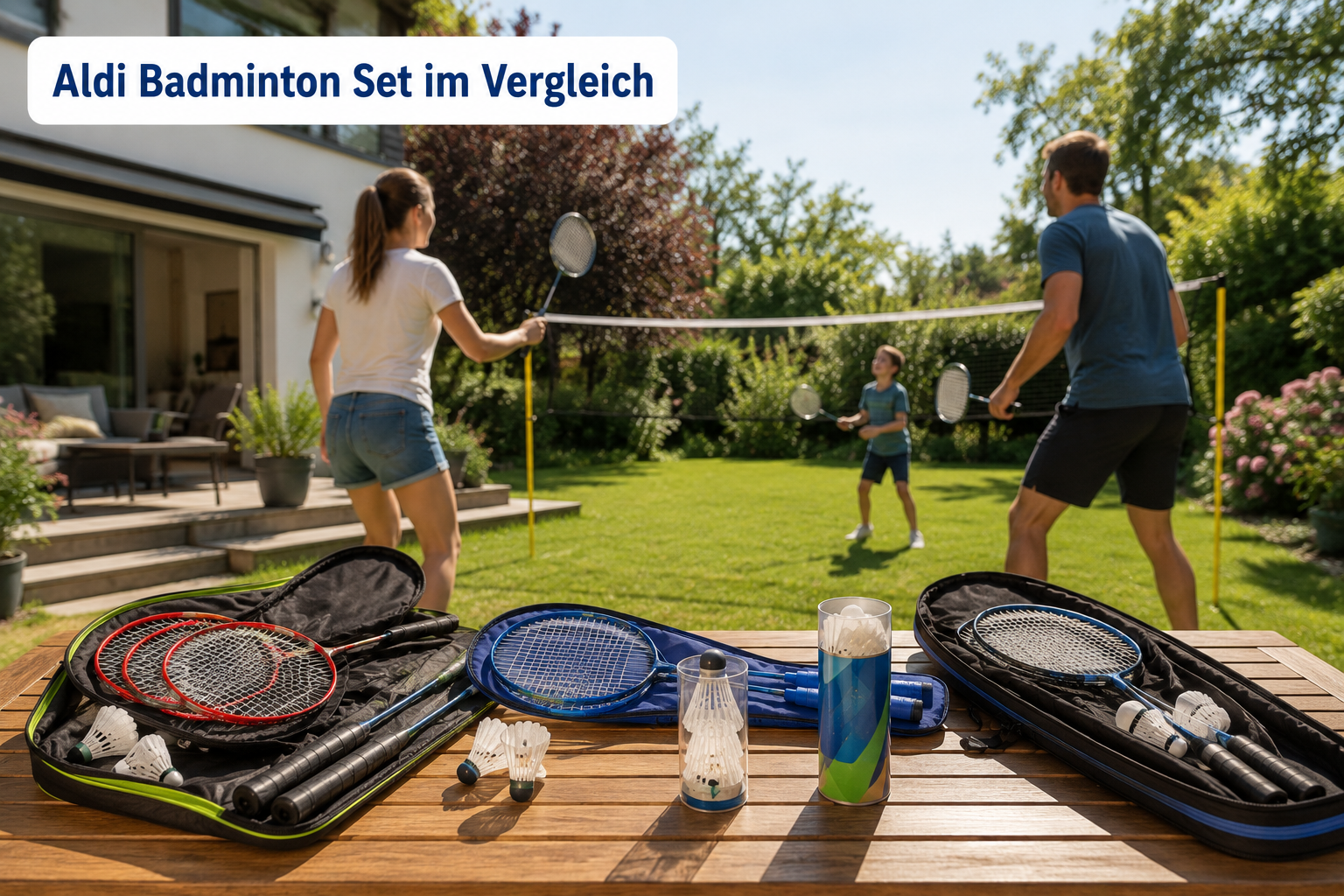 Aldi Badminton Set im Vergleich bei einem Badminton-Match im Garten mit Familie und Freunden