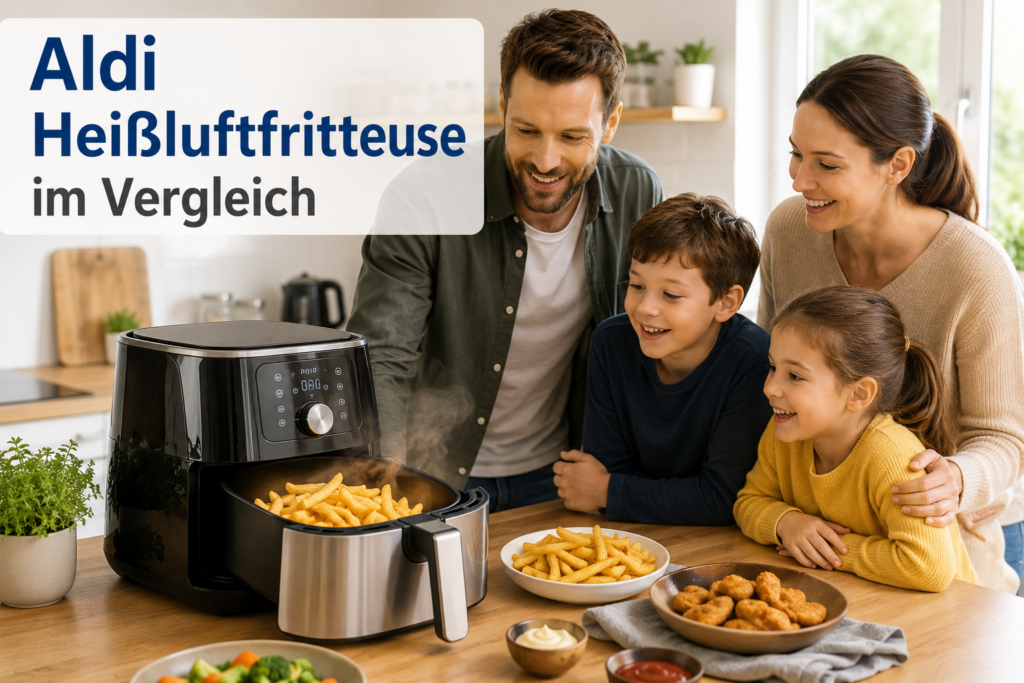 Familie beobachtet eine Heißluftfritteuse mit frischen Pommes in einer modernen Küche