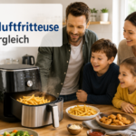 Familie beobachtet eine Heißluftfritteuse mit frischen Pommes in einer modernen Küche
