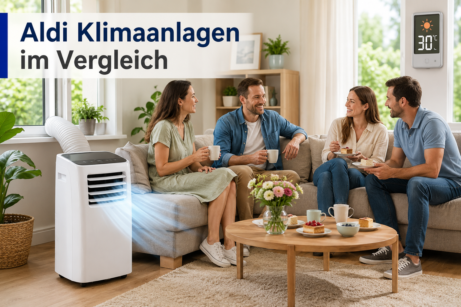 Aldi Klimaanlagen im Vergleich – Freunde genießen Kaffee und Kuchen im Wohnzimmer, während ein mobiles Klimagerät bei 30 Grad für angenehme Abkühlung sorgt