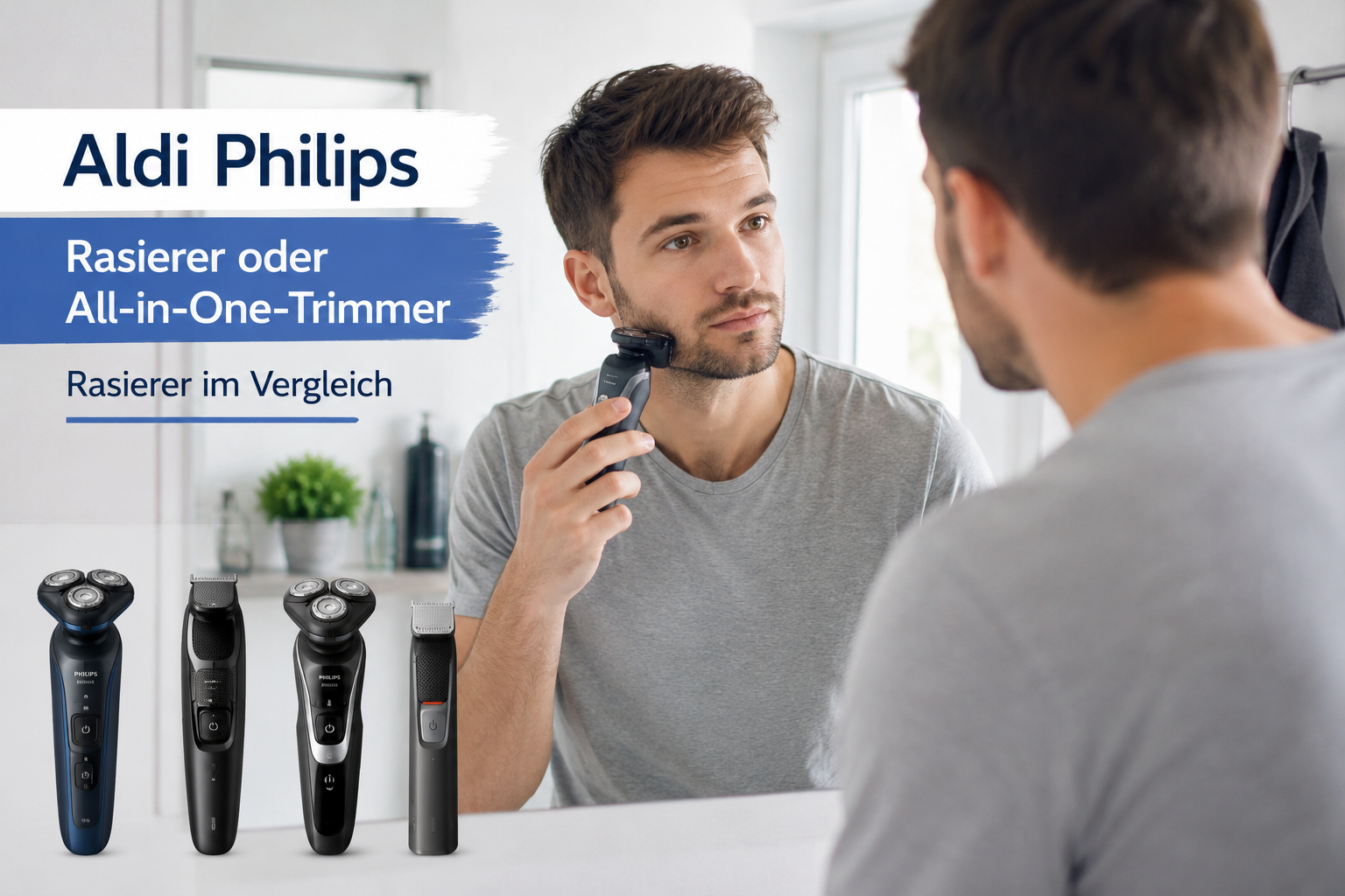 Mann rasiert sich mit Philips Rasierer im Badezimmer vor dem Spiegel