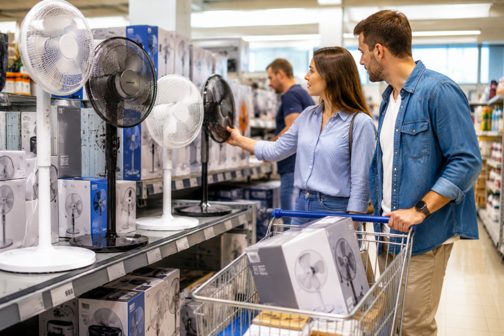 Standventilatoren im Discounter beim Einkauf Den Aldi Ventilator betrachten Kunden im Discounter während ein Ventilator bereits im Einkaufswagen liegt