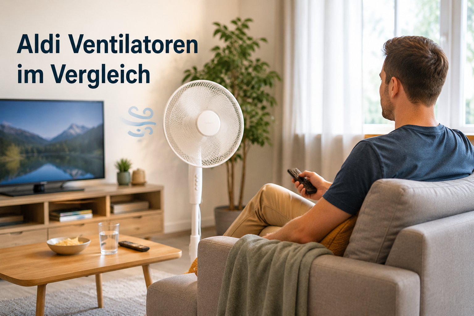 Kunde nutzt einen Standventilator im Wohnzimmer beim Fernsehen für angenehme Luftzirkulation