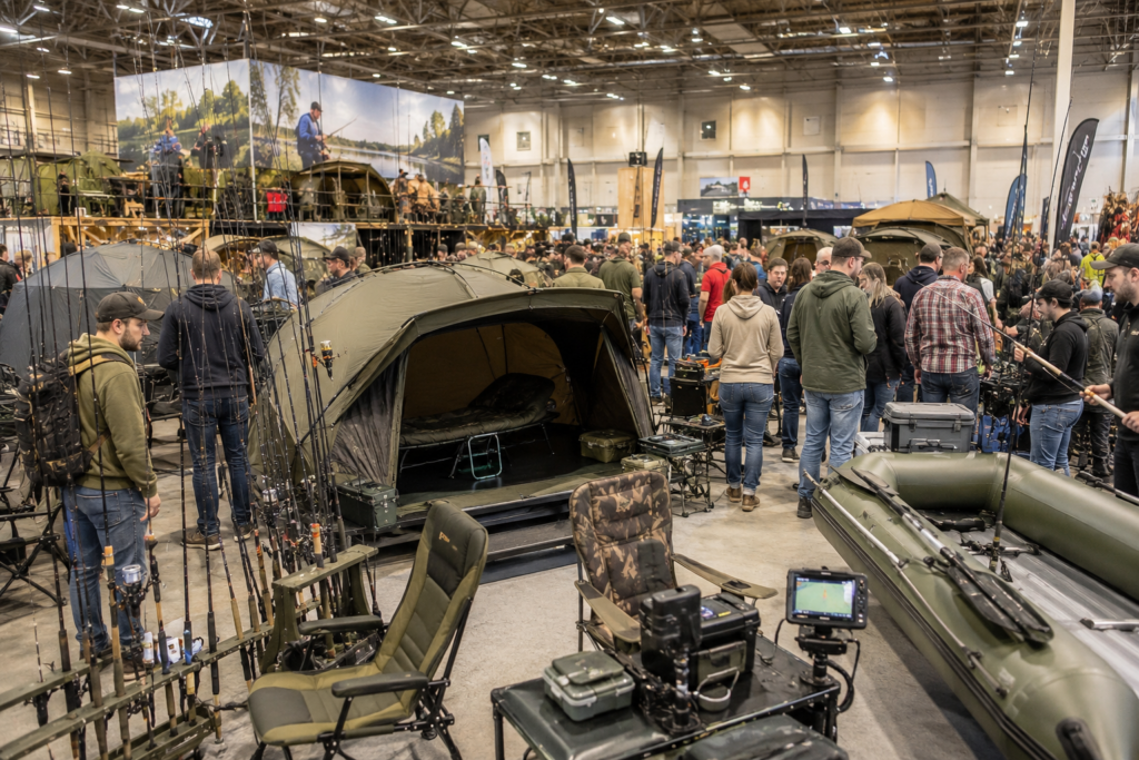 Große Angel- und Outdoor-Messehalle mit verschiedenen Angel Setups, Angelzelten, Schlauchbooten, Fischfindern und Besuchern bei einer Ausstellung