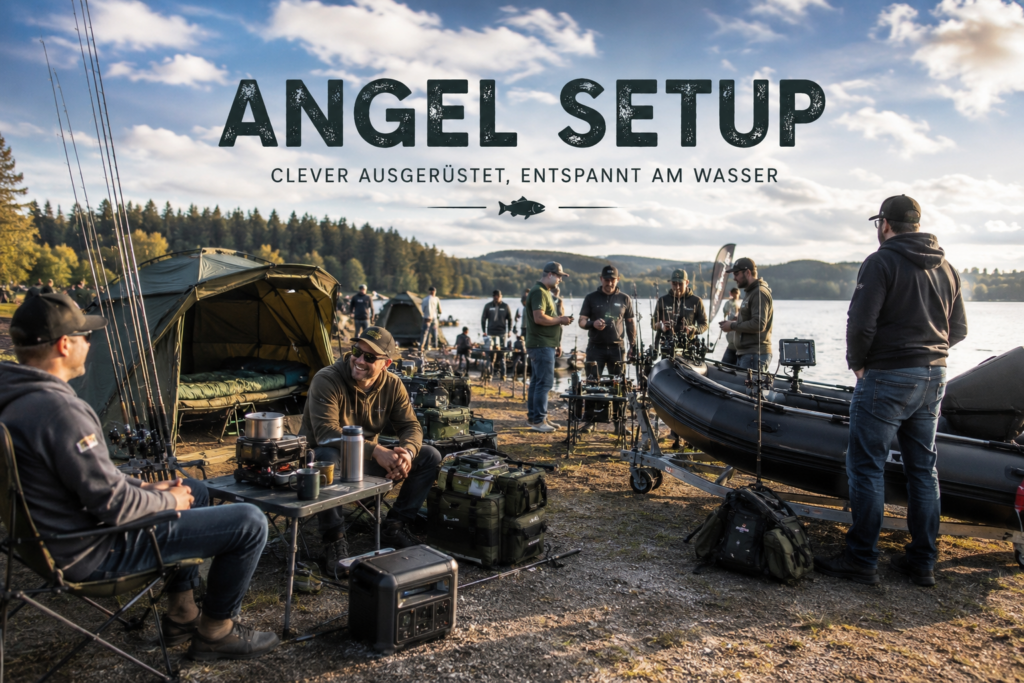 Großes Angel Setup am See mit Anglern, Schlauchboot, Angelzelt, Campingausrüstung und Outdoor Zubehör bei entspannter Abendstimmung