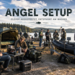 Großes Angel Setup am See mit Anglern, Schlauchboot, Angelzelt, Campingausrüstung und Outdoor Zubehör bei entspannter Abendstimmung