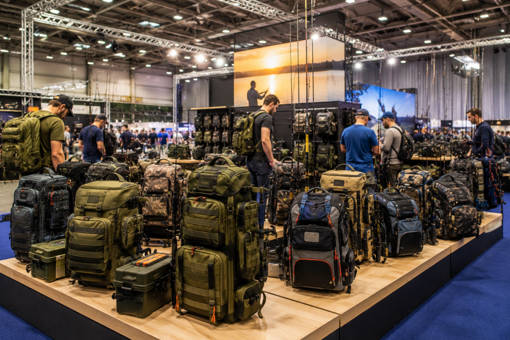 Angelrucksäcke und Angeltaschen Ausstellung für Angeln und Outdoor Verschiedene Angelrucksäcke und Angeltaschen auf einer großen Outdoor Messehalle