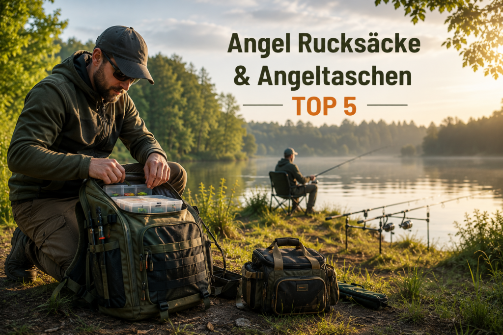 Angel Rucksäcke und Angeltaschen Top 5 am See mit Anglern beim Auspacken