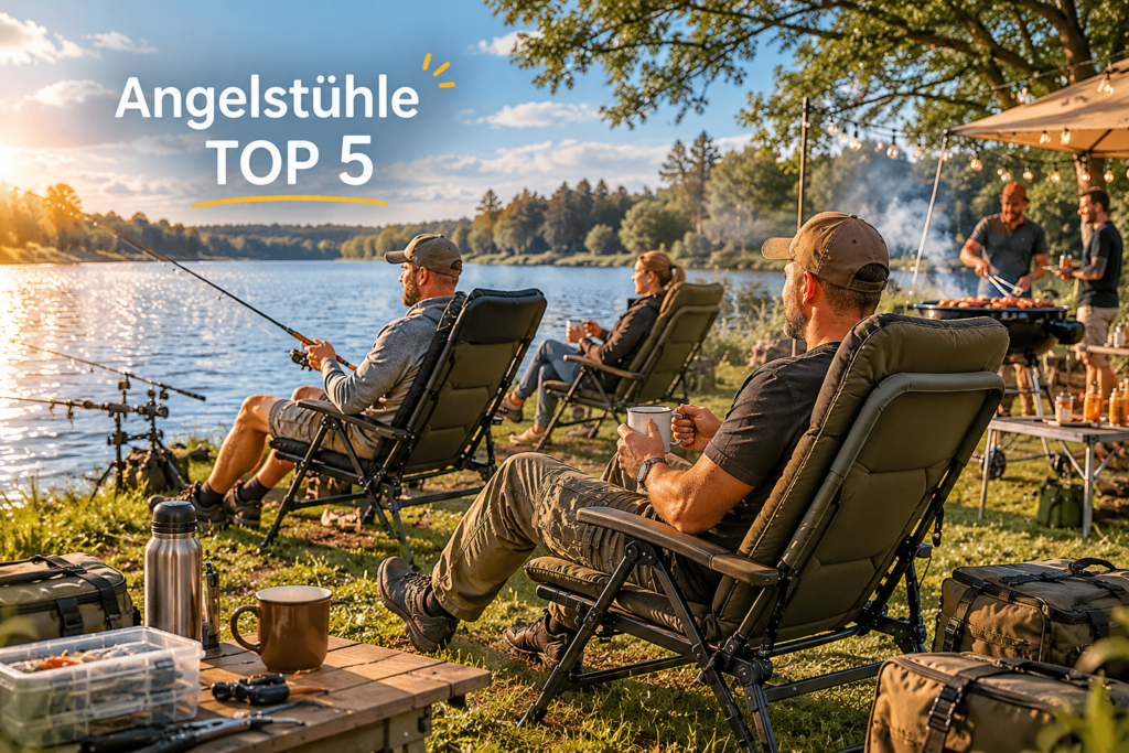 Angler sitzen gemütlich auf Angelstühlen am See während im Hintergrund gegrillt wird