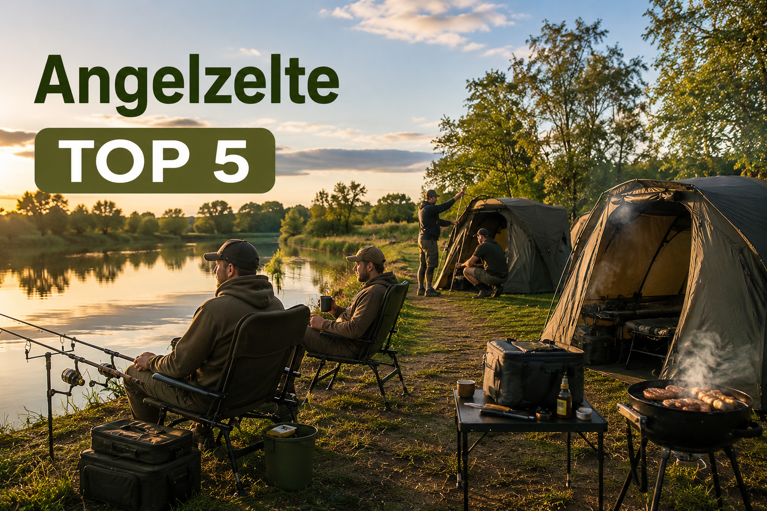 Angler sitzen am See vor verschiedenen Angelzelten während im Hintergrund weitere Zelte aufgebaut werden