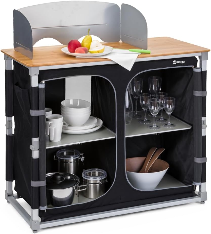Premium Campingküche von BERGER mit faltbarem Aluminiumgestell für Camping und Outdoor Reisen