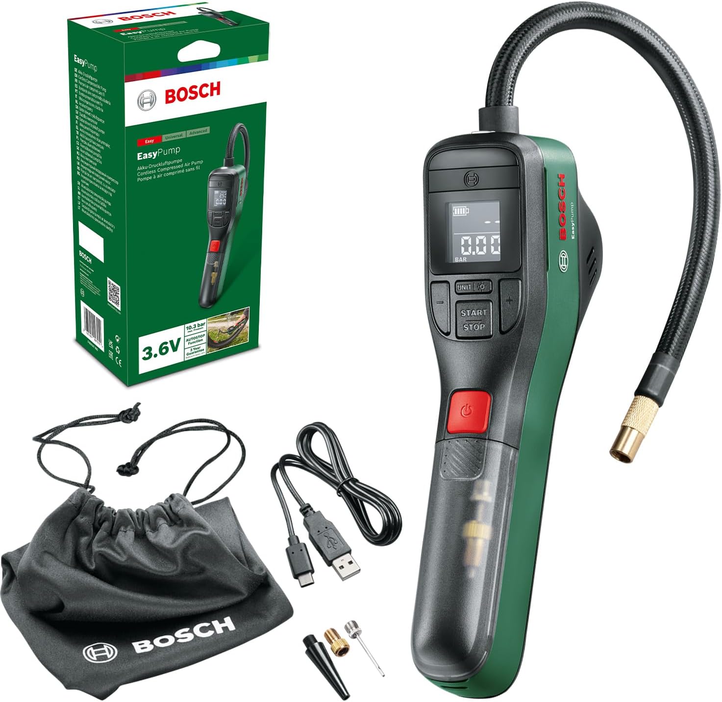 Bosch EasyPump elektrische Fahrradpumpe mit Akku und Autostop-Funktion für Fahrräder und E-Bikes
