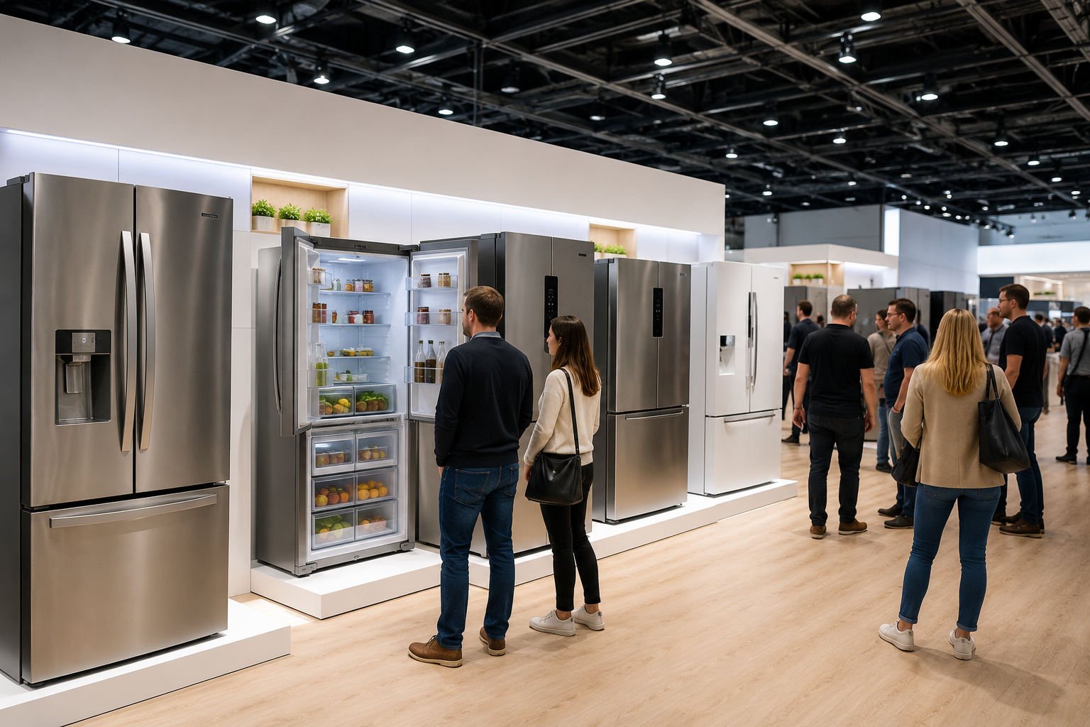 Bosch Kühlschränke in heller Messehalle mit Besuchern bei einer Ausstellung