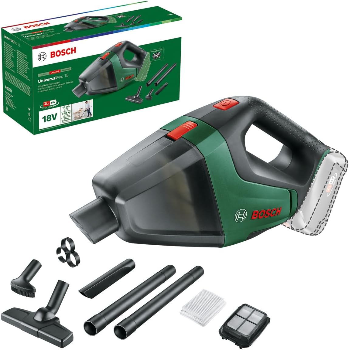 Bosch UniversalVac 18 Akku Handsauger im Einsatz auf Tisch und im Auto mit Zubehör Düsen