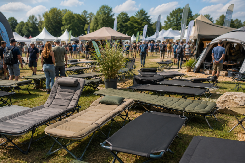 Camping Betten auf Outdoor Messe für Camping und Nachtangeln Verschiedene Camping Betten auf einer großen Outdoor Ausstellung im Freien
