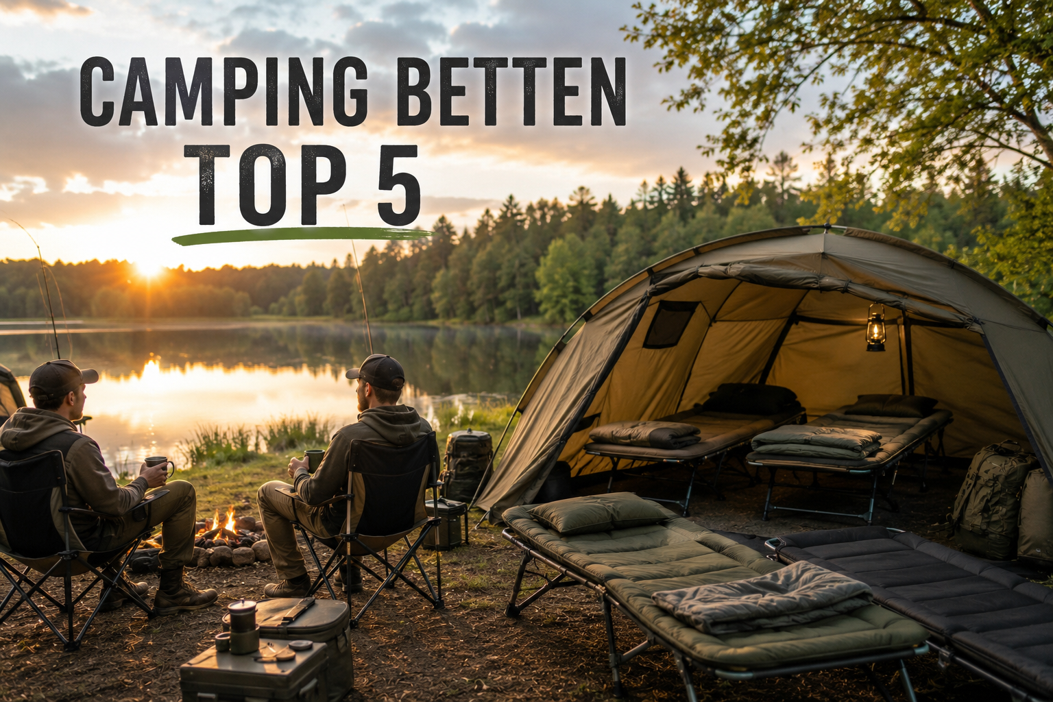 Camping Betten Top 5 Vergleich am See mit aufgebautem Zelt und Outdoor Setup