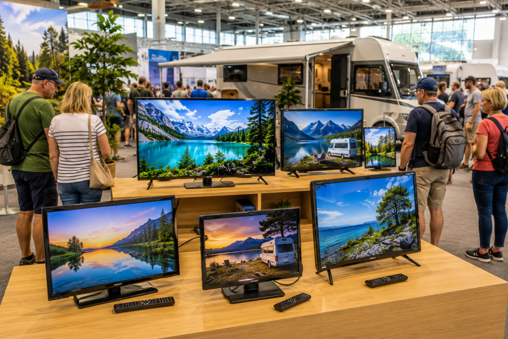 Verschiedene Camping Fernseher auf einer Camping Messe mit Wohnmobilen und Besuchern