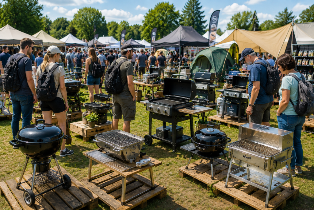 Verschiedene Camping Grills auf einer Outdoor Camping Messe mit Besuchern im Hintergrund