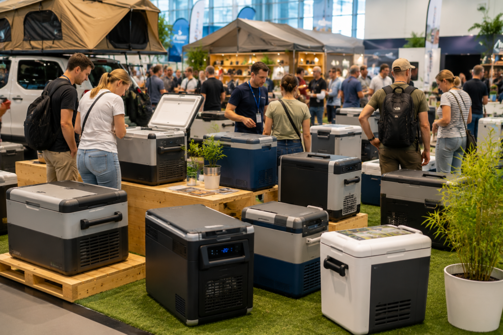 Verschiedene Camping Kühlschränke auf einer Outdoor und Camping Messe