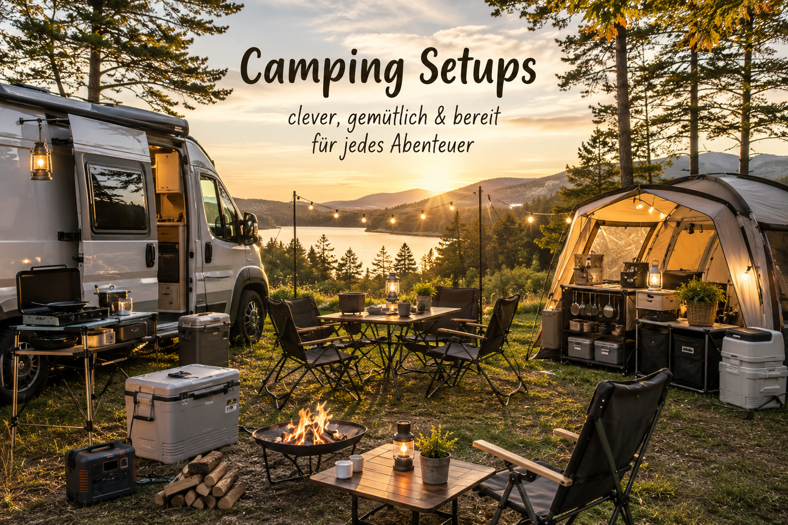 Gemütliche Camping Setups auf einem Campingplatz mit Camper, Zelten, Outdoor Küche, Beleuchtung und verschiedenen Outdoor Bereichen bei Sonnenuntergang