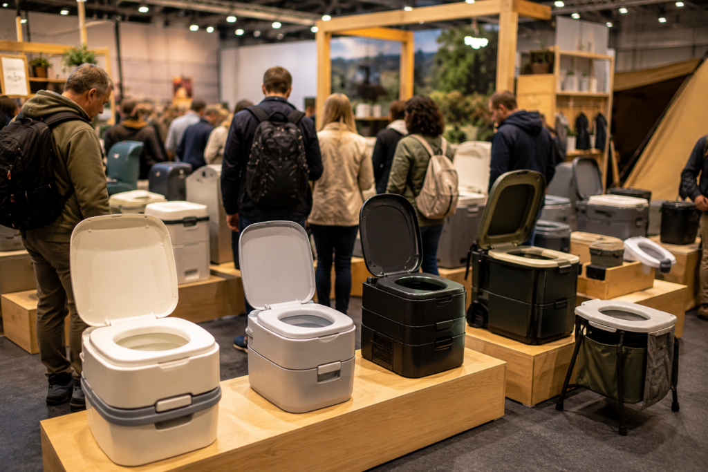 Verschiedene moderne Camping Toiletten auf einer großen Outdoor und Camping Messe mit Besuchern