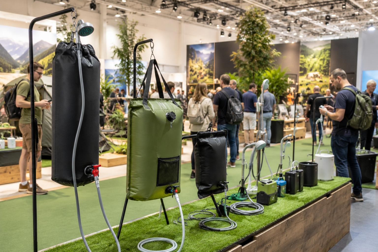 Verschiedene moderne Camping Duschen auf einer Outdoor Messe mit Besuchern im Hintergrund