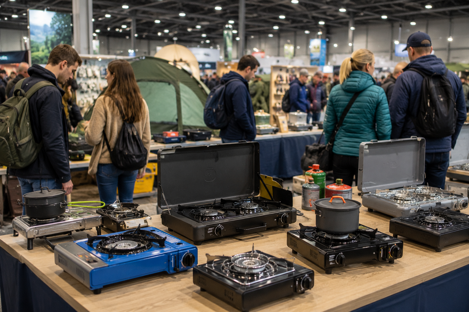 Verschiedene Campingkocher auf einer Outdoor und Camping Messe mit Besuchern im Hintergrund