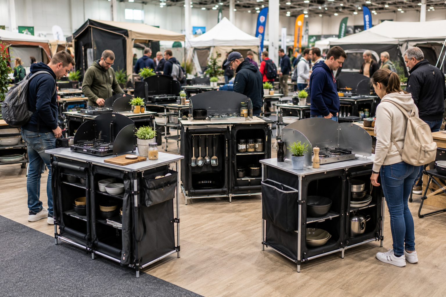 Verschiedene moderne Campingküchen auf einer großen Outdoor und Camping Messe
