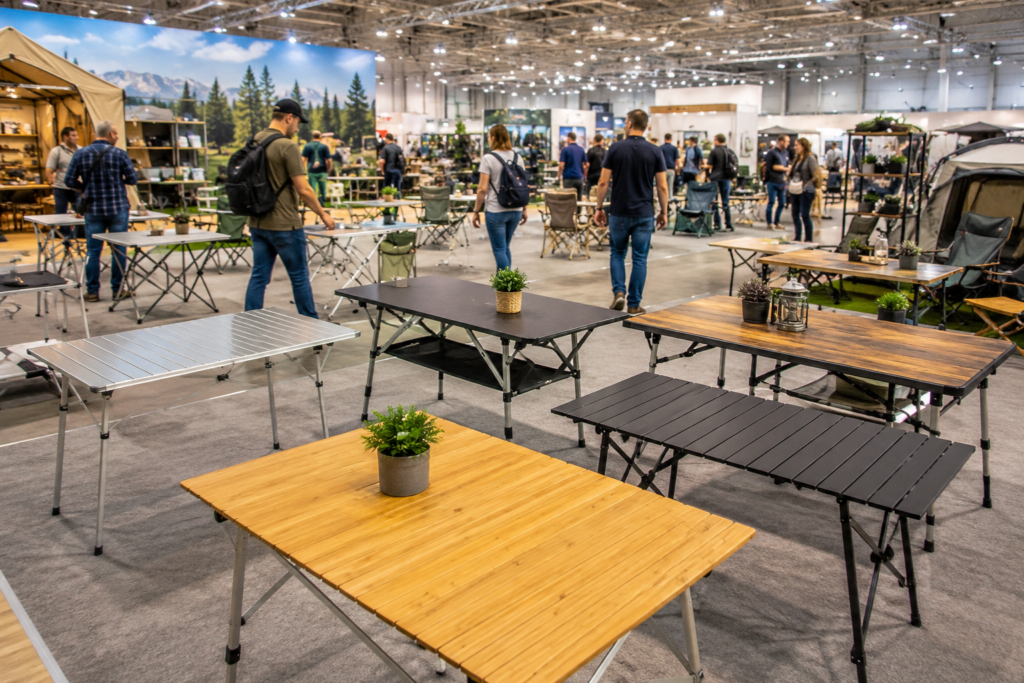 Verschiedene Campingtische auf einer großen Outdoor Messe in heller Ausstellungshalle