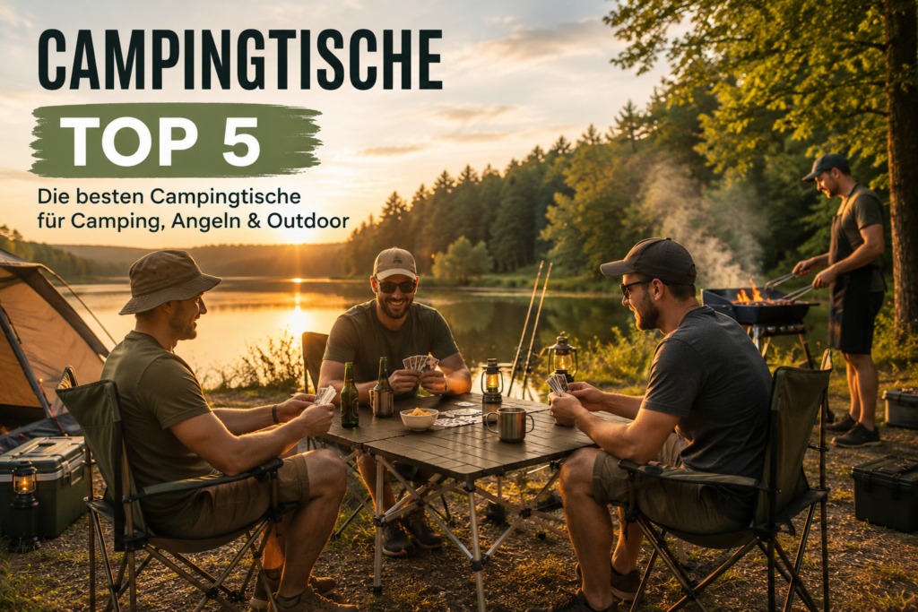 Campingtische Top 5 Vergleich am See mit Campern und Anglern beim Kartenspielen