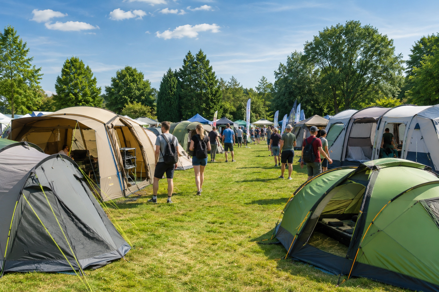 Campingzelt Ausstellung mit modernen Outdoor Zelten Verschiedene Campingzelte auf einer Outdoor Camping Ausstellung mit Besuchern im Hintergrund
