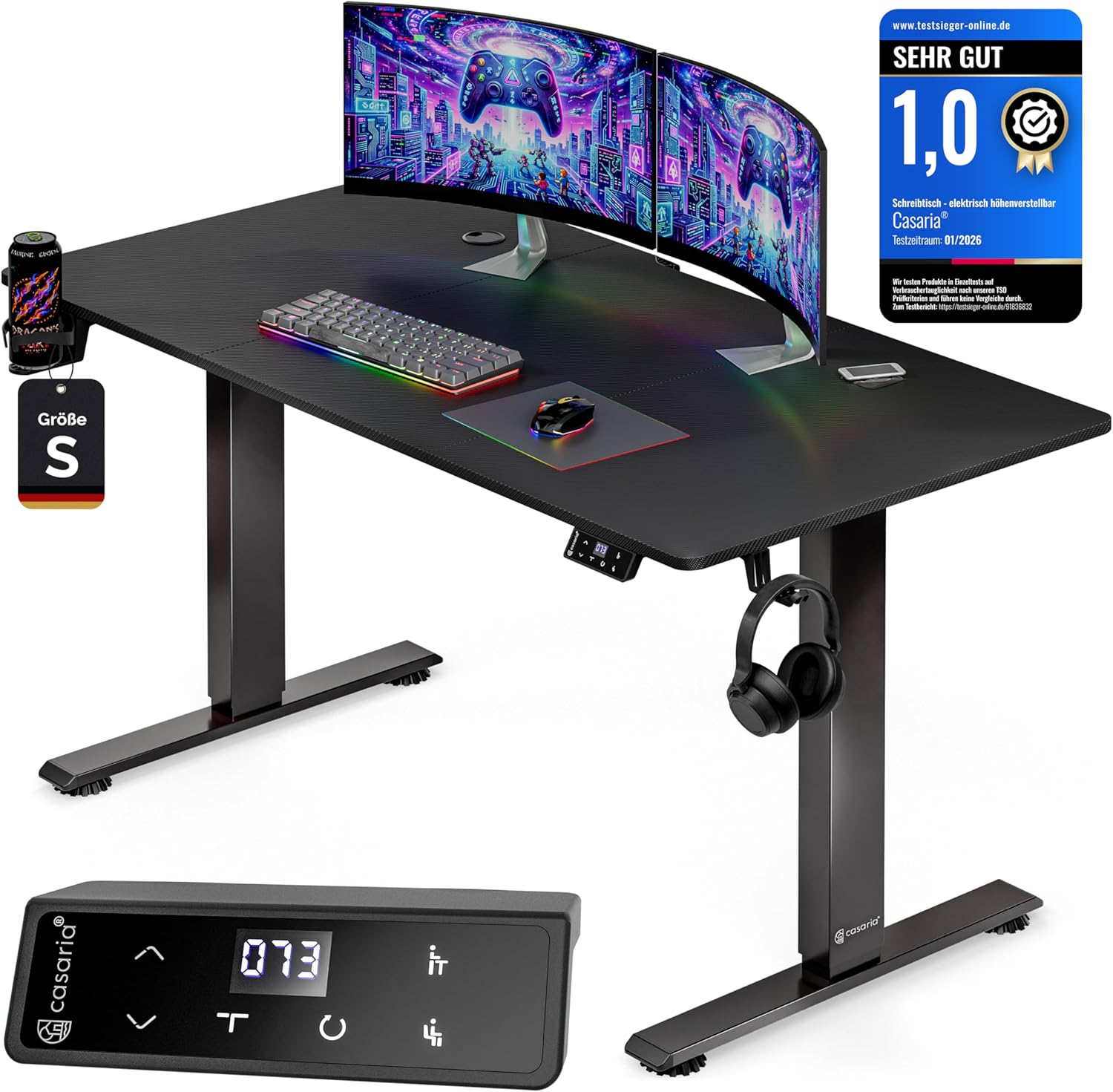 Casaria Gaming Schreibtisch Carbon Optik mit LCD Display und Wireless Charger