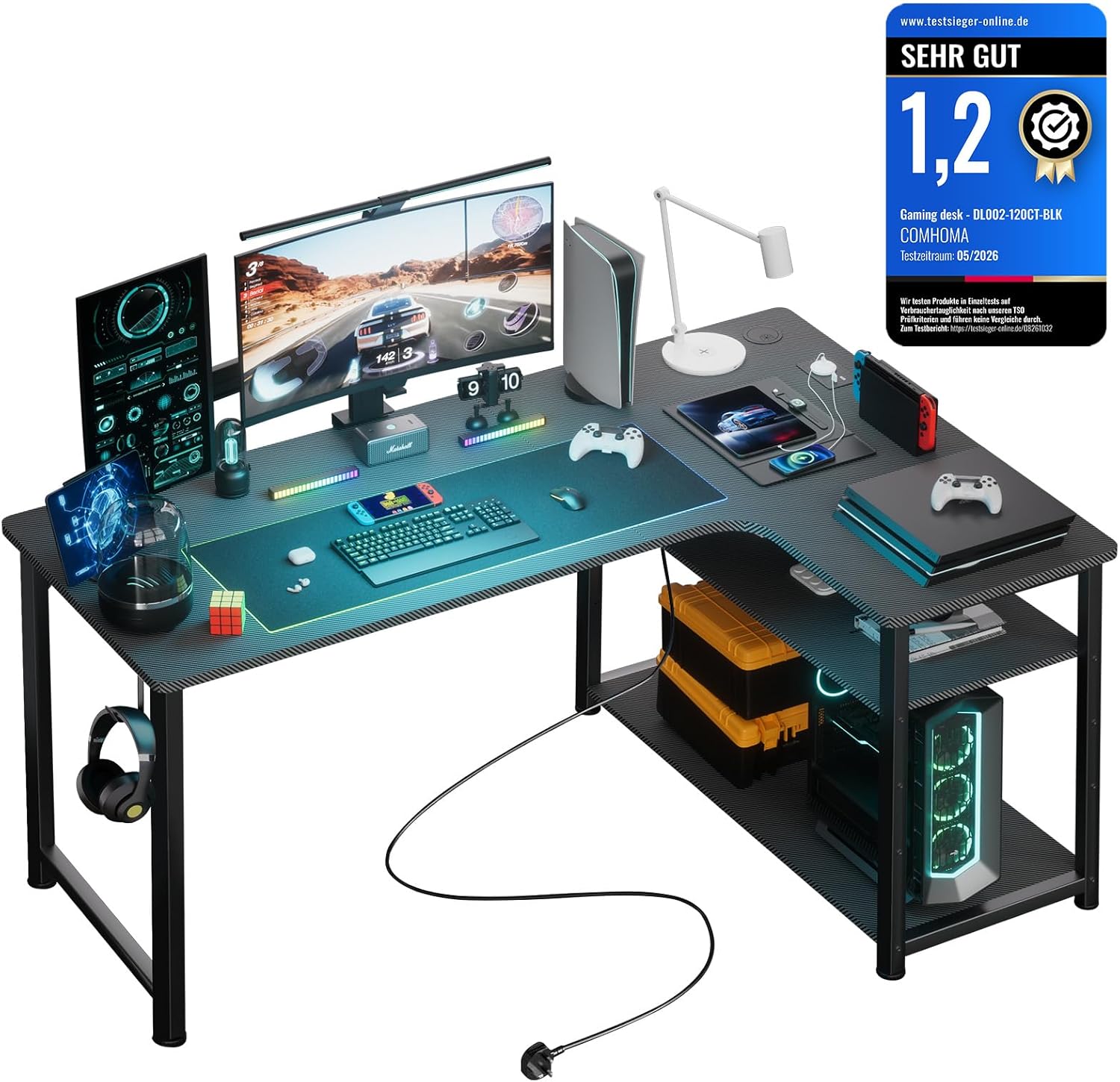 COMHOMA Gaming Eckschreibtisch L-Form mit Steckdose und Regal