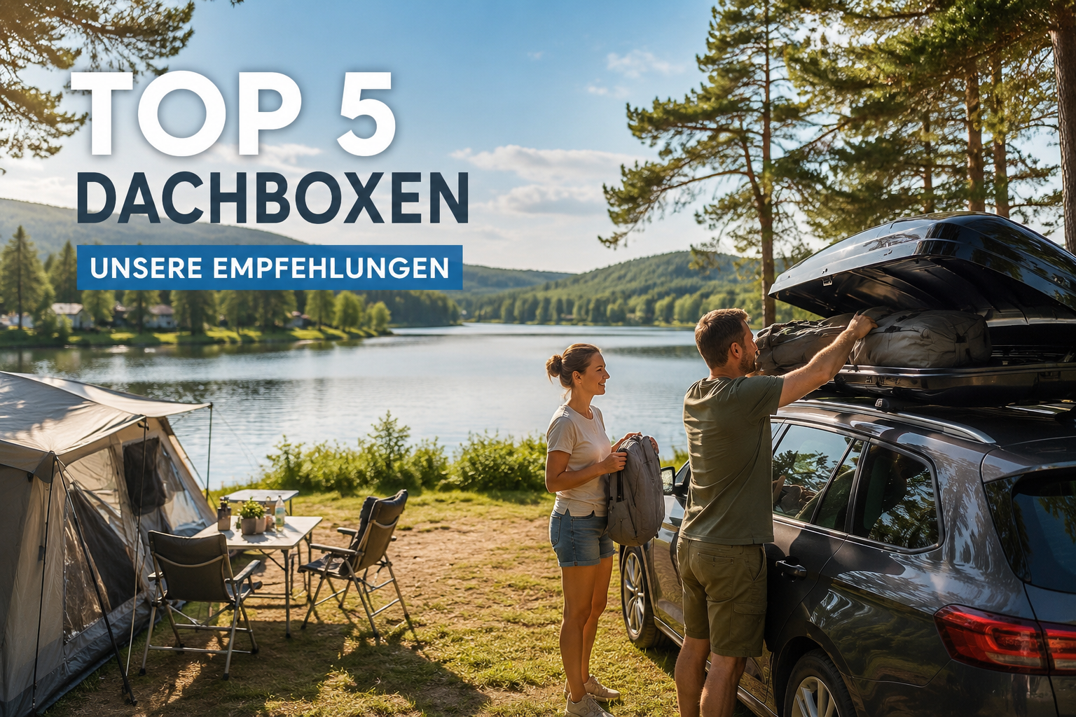 Camper laden Dachboxen auf einem Campingplatz am See aus