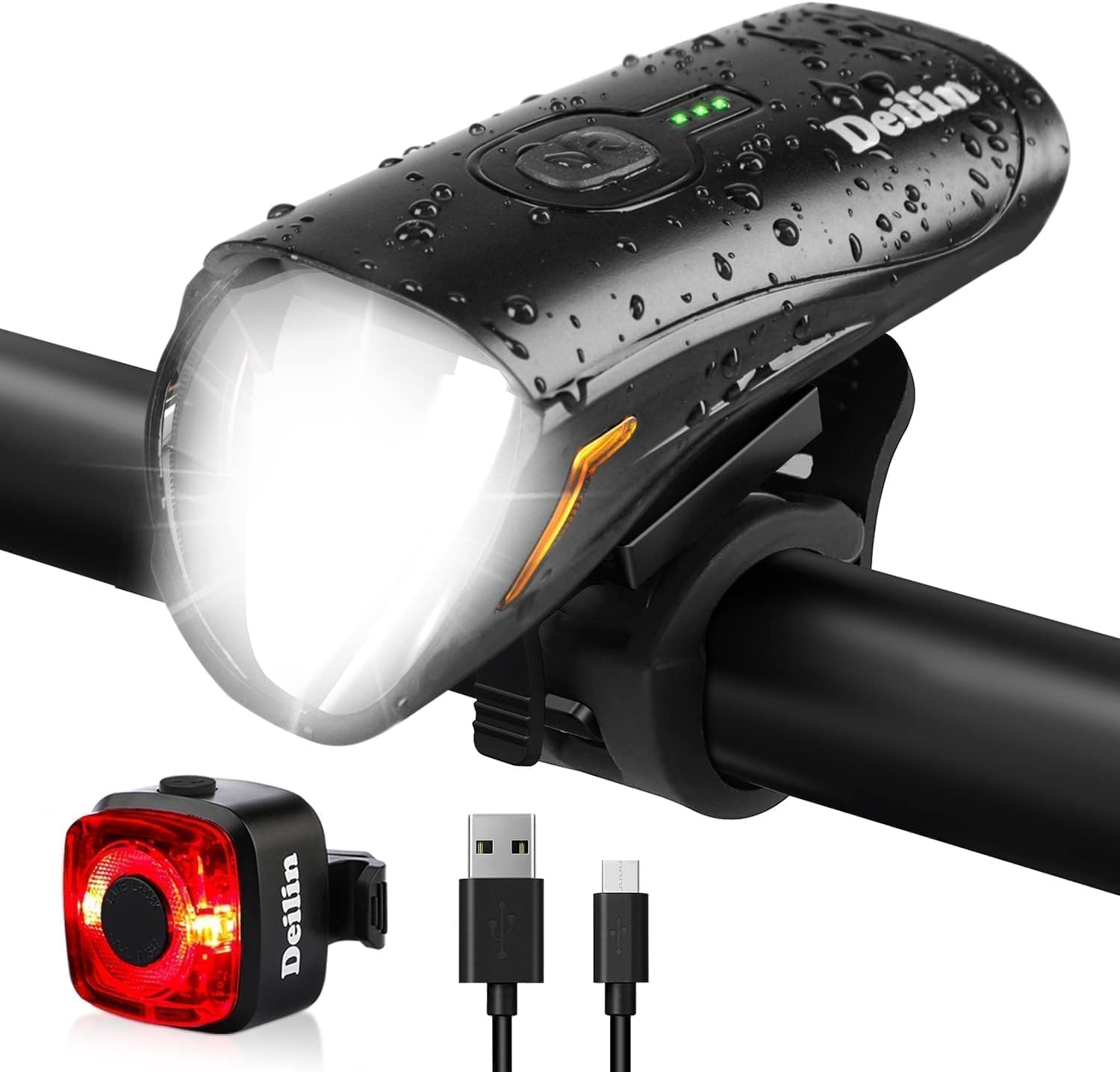 Deilin Fahrradlicht Set mit 70 Lux und IPX5 Wasserschutz Deilin Fahrradlicht Set mit 70 Lux und USB-Aufladung für Alltag und Nachtfahrten