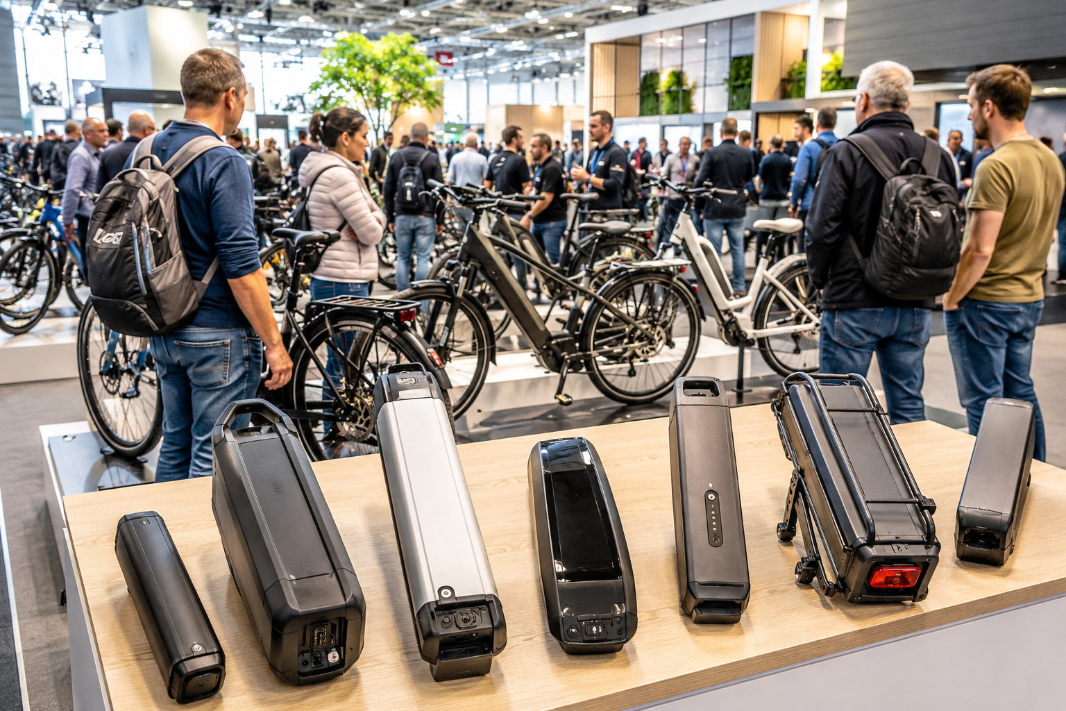 Verschiedene E-Bike Akkus auf einer Fahrradmesse mit Besuchern und E-Bikes im Hintergrund